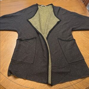 CAMAïEU suede trim gold speckled black wool cardigan duster w/ pockets large